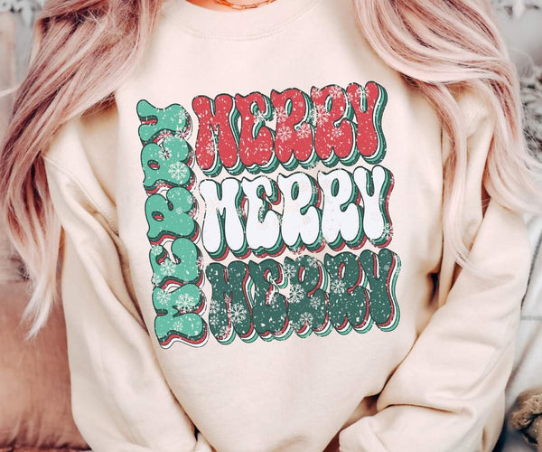 Merry Retro stacked distressed with snowflakes Retro 8506 DTF TRANSFER
