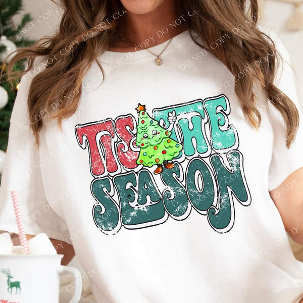 Tis the season red teal green with tree distressed 8634 DTF TRANSFER