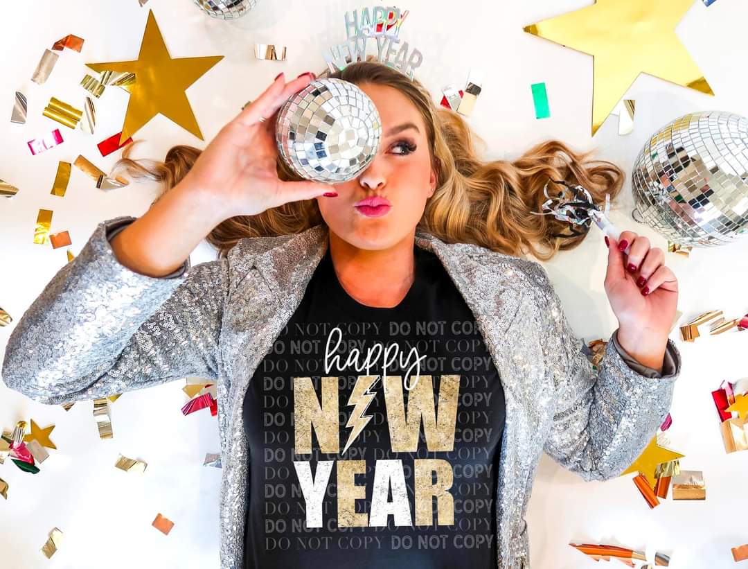 Happy new year gold with lightning bolt 8508 DTF TRANSFER