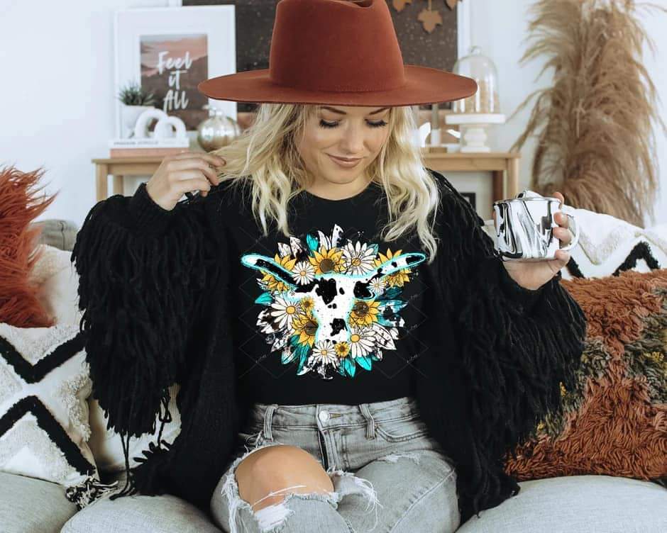 Longhorn Cow Print Sunflowers 1721 DTF TRANSFER