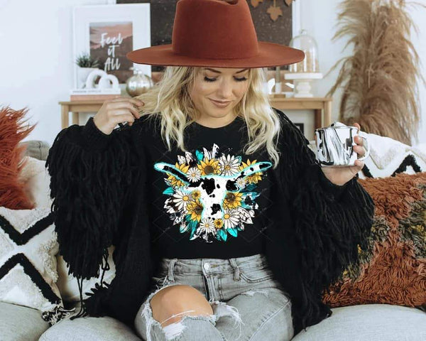 Longhorn Cow Print Sunflowers 1721 DTF TRANSFER