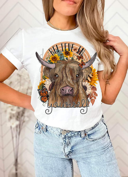 Believe in yourself shaggy cow with sunflowers DTF TRANSFER