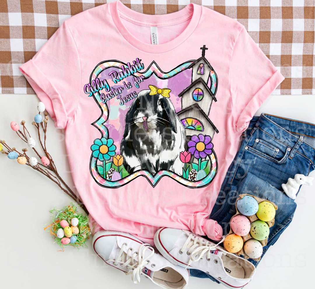 Silly rabbit Easter is for Jesus black and white rabbit in frame with church DTF TRANSFER