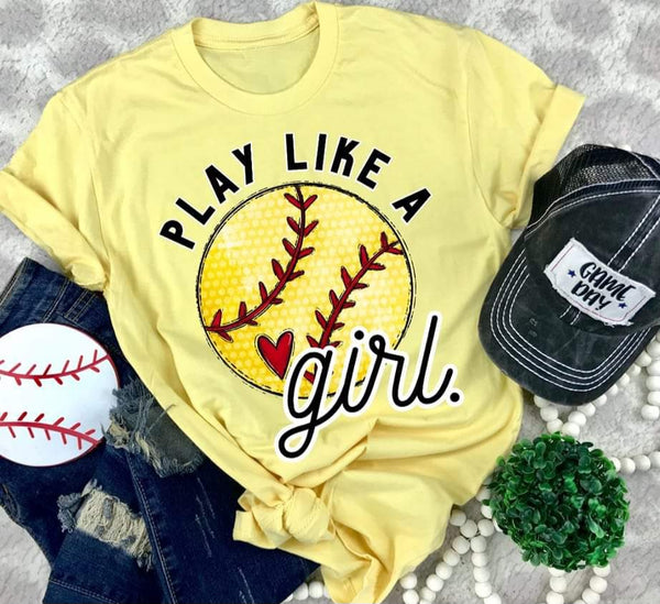 Play like a girl SOFTBALL YELLOW with heart DTF TRANSFER