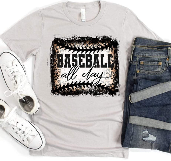 Baseball all day BLACK FONT outlined square in black and leopard DTF TRANSFER