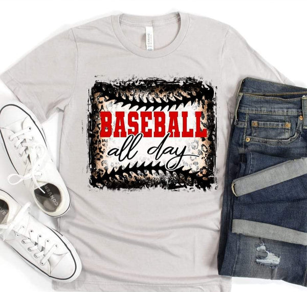 Baseball all day RED FONT outlined in black and leopard DTF TRANSFER