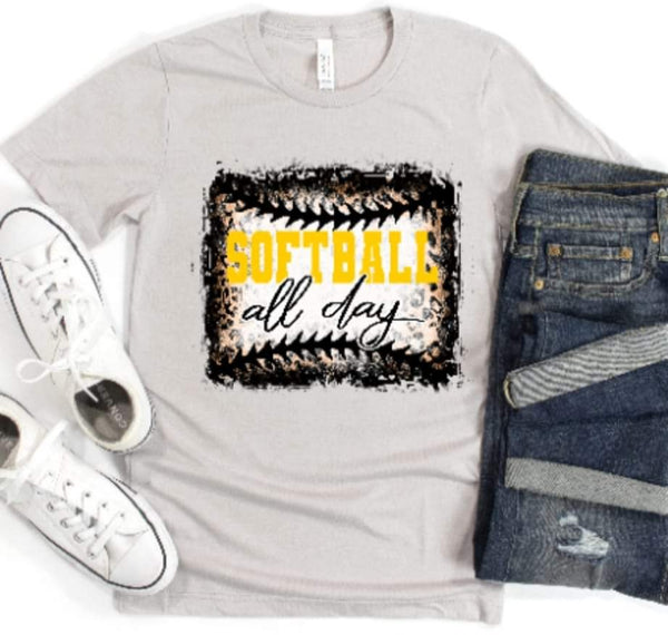 Softball all day YELLOW FONT outlined in black and leopard DTF TRANSFER