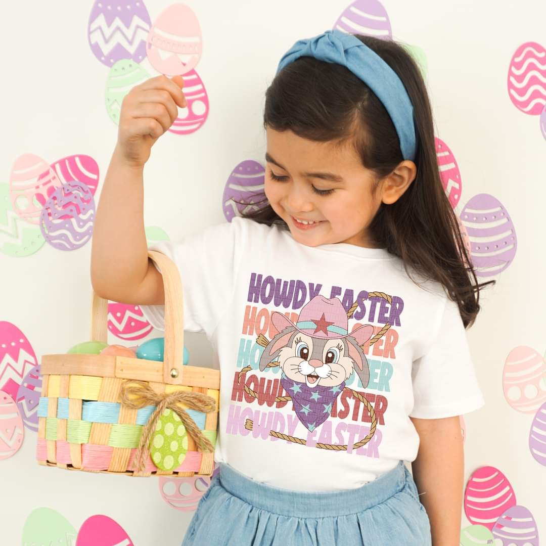 Howdy Easter stacked GIRL bunny with rope and pink cowgirl hat DTF TRANSFER