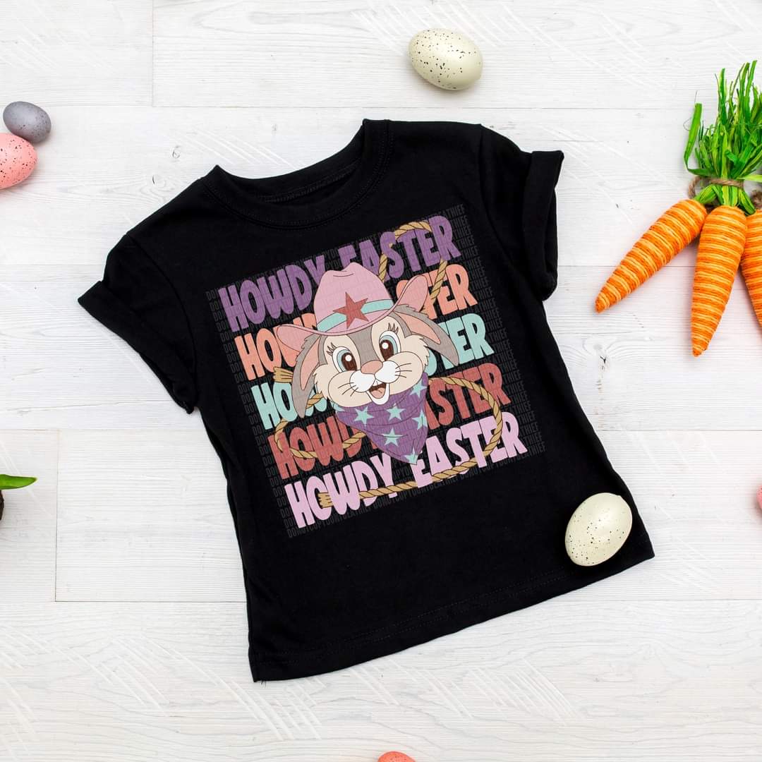 Howdy Easter stacked GIRL bunny with rope and pink cowgirl hat DTF TRANSFER