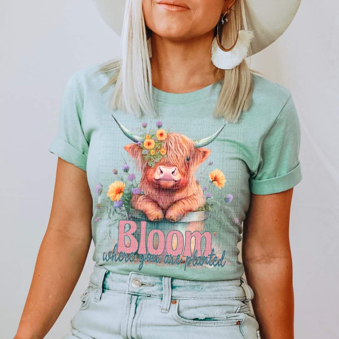 Bloom where you are planted shaggy cow with sunflowers DTF TRANSFER