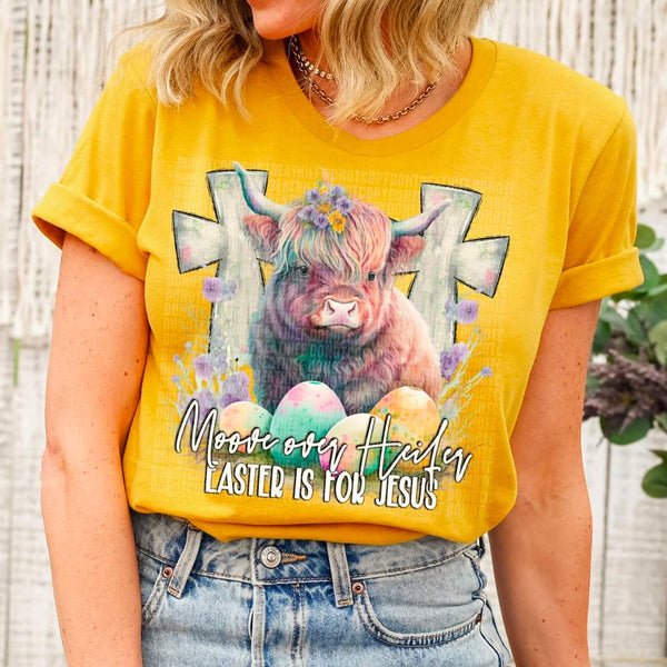 Moove over Heifer Easter is for Jesus two crosses and colorful easter eggs DTF TRANSFER
