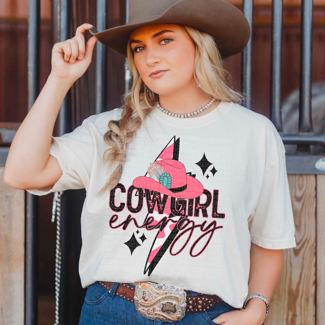 Cowgirl energy pink cowgirl hat and bolt DTF Transfer