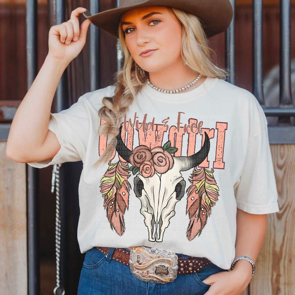 Wild and free cowgirl pinks with bull skull DTF Transfer