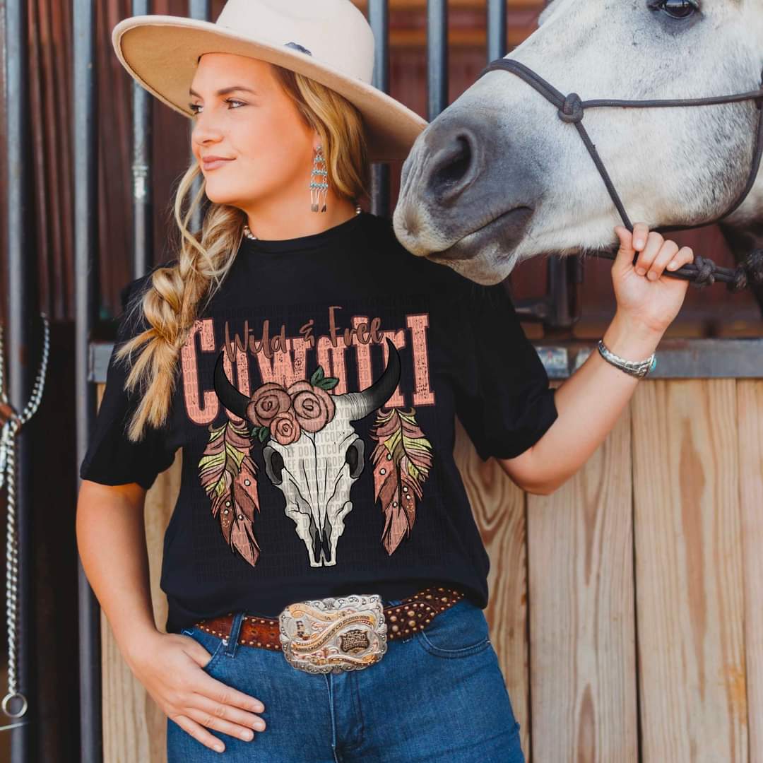 Wild and free cowgirl pinks with bull skull DTF Transfer