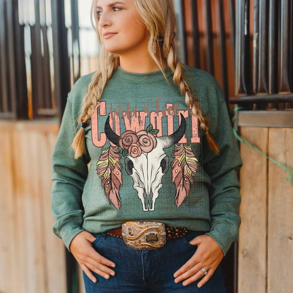 Wild and free cowgirl pinks with bull skull DTF Transfer