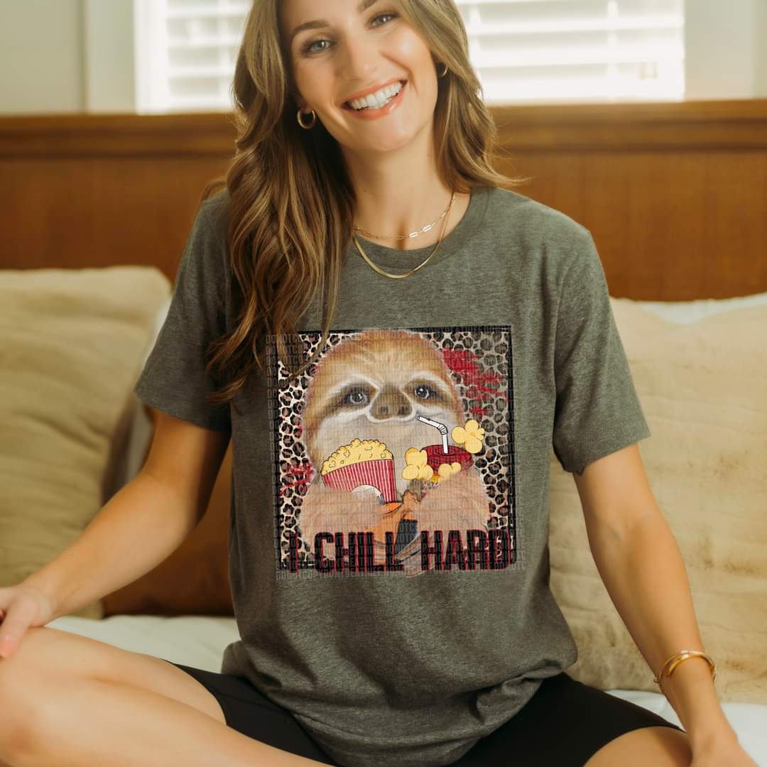 I chill hard sloth with drink and popcorn DTF Transfer