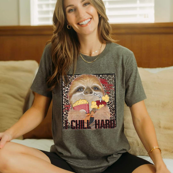 I chill hard sloth with drink and popcorn DTF Transfer