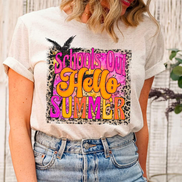 Schools out hello summer leopard square outline DTF Transfer