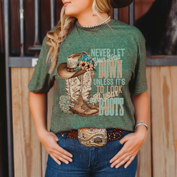 Never let your heart down unless it's to look at your boots ( boots/hat) DTF Transfer