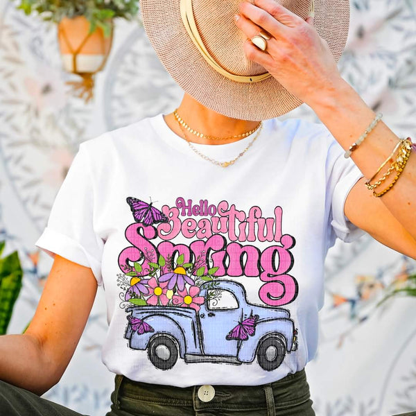 Hello beautiful spring with truck and butterflies DTF Transfer