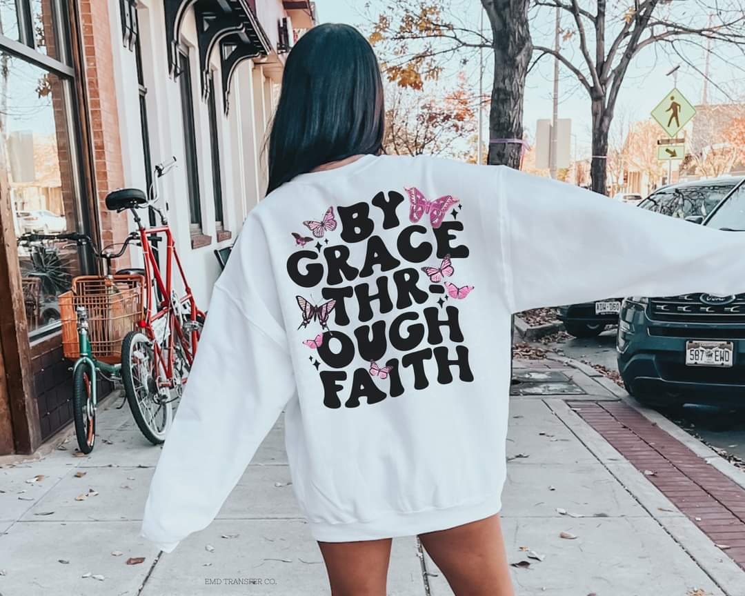 By Grace through faith with butterflies DTF transfer
