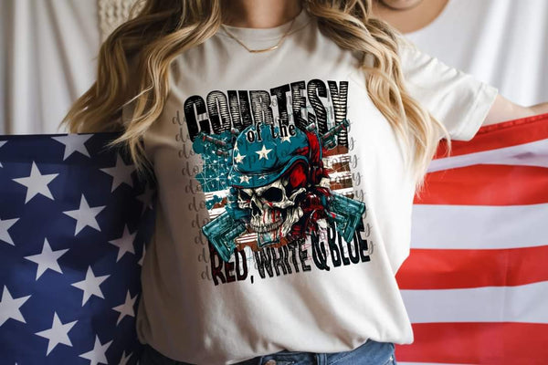 Courtesy of the red white and blue patriotic skull DTF Transfer