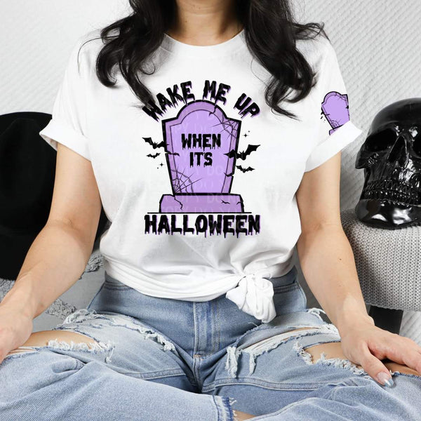 Wake me up when it's Halloween purple tombstone with bats (front design only) DTF TRANSFER