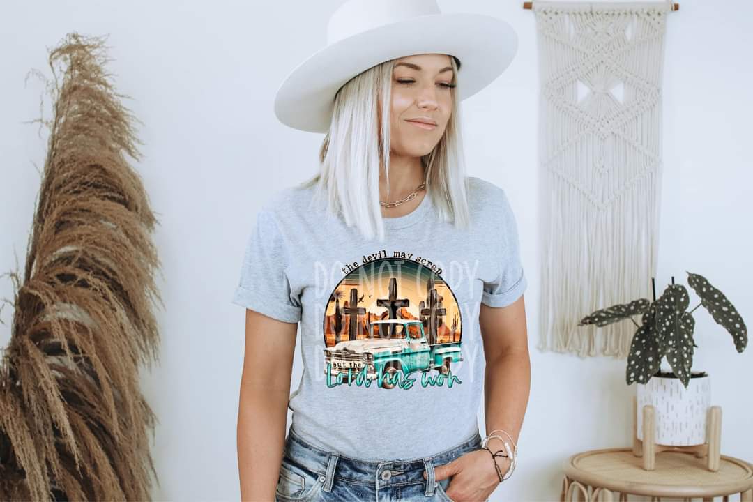 The devil mat scrap but the Lord has won teal truck cross trio DTF TRANSFER