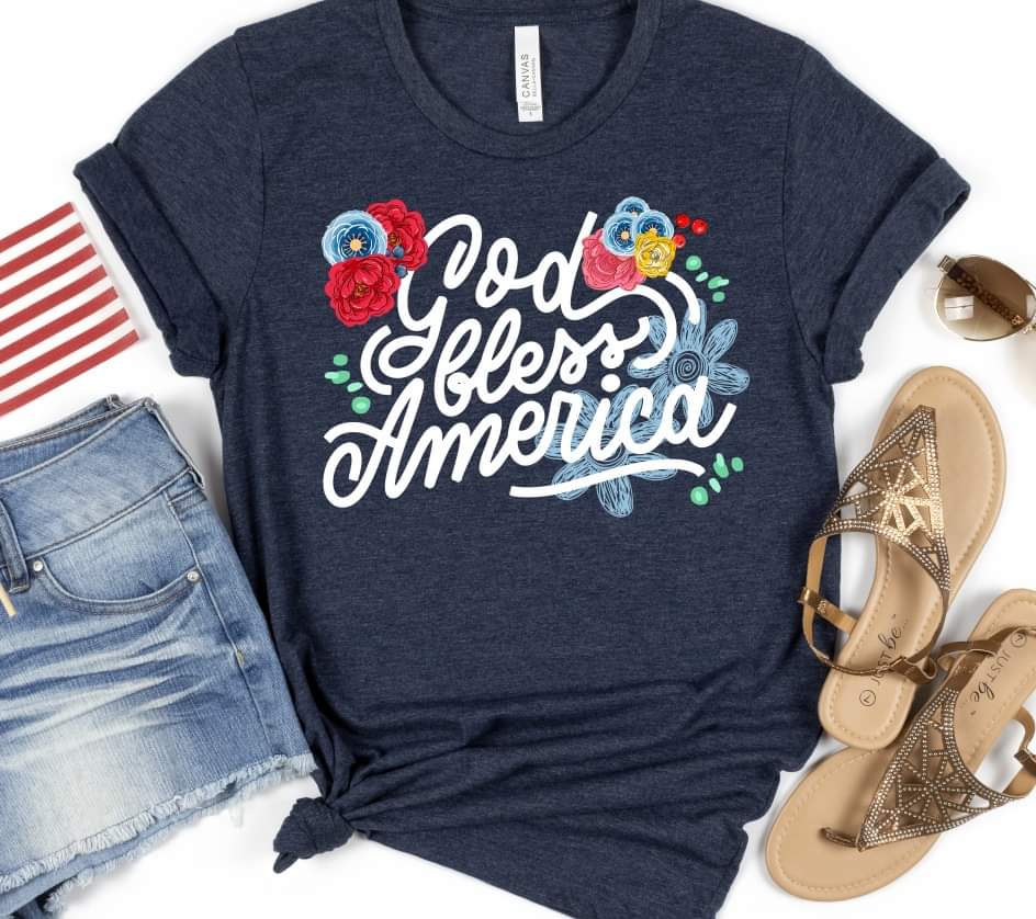 God bless America florals white lettering (S&G) DTF transfer