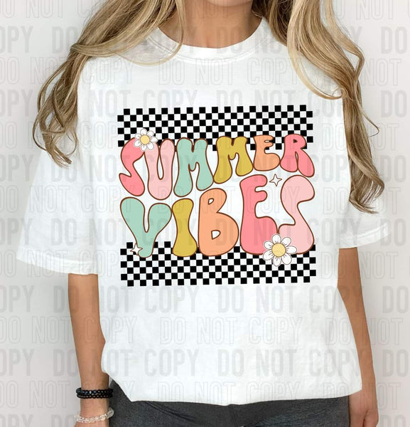 Summer vibes black checkered retro DTF transfer