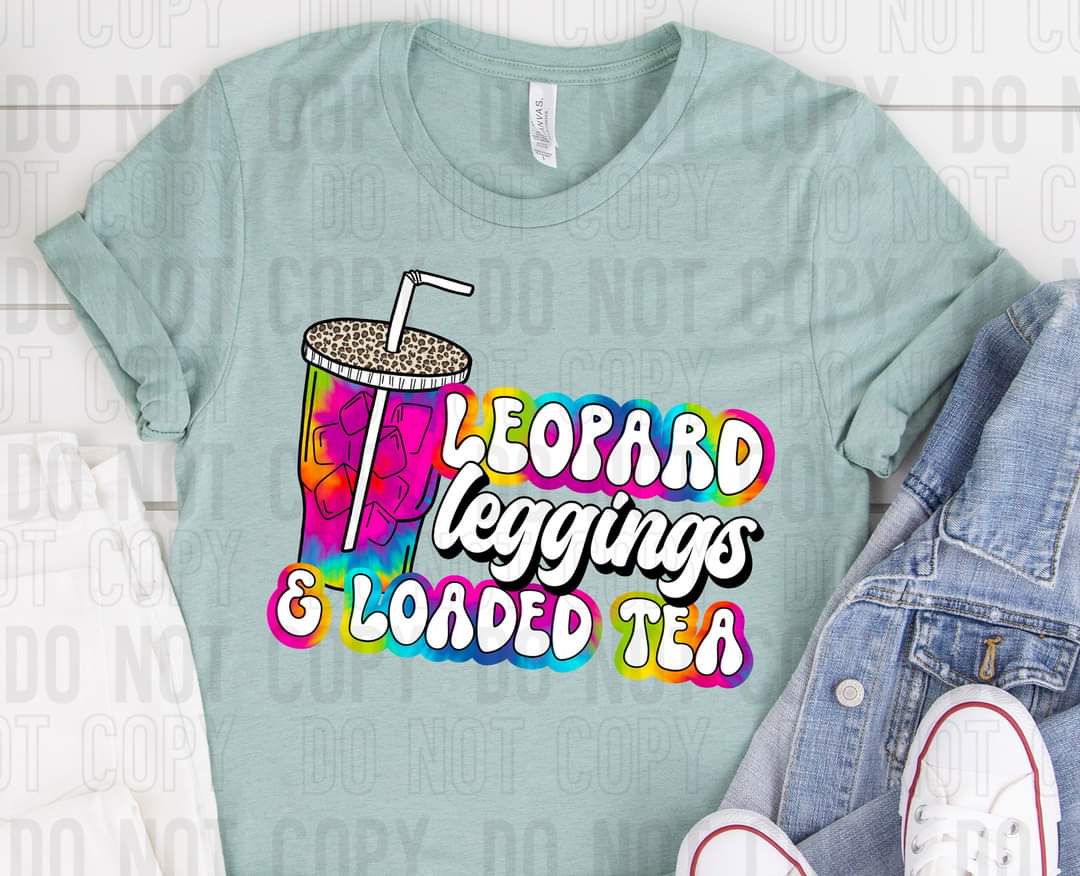 Leopard leggings and loaded tea colorful DTF transfer