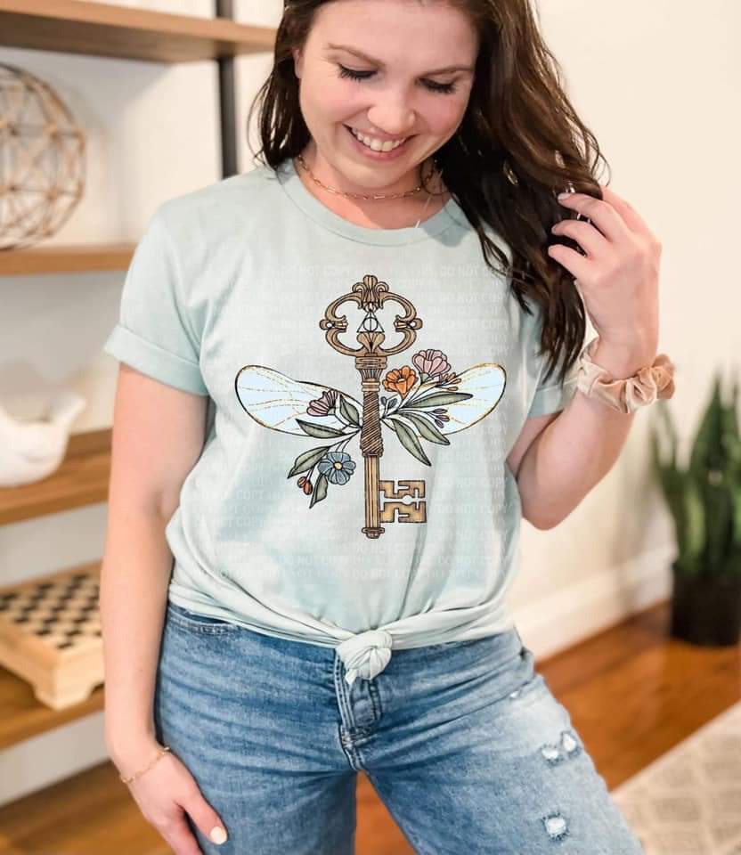 Key with wings and florals no words DTF transfer