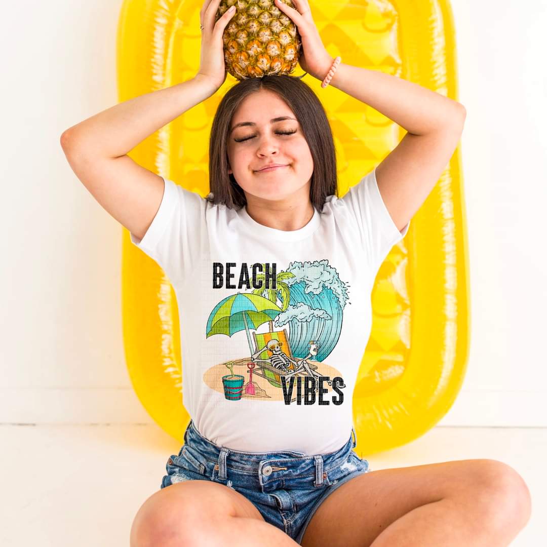 Beach vibes skellie in beach chair and wave DTF transfer