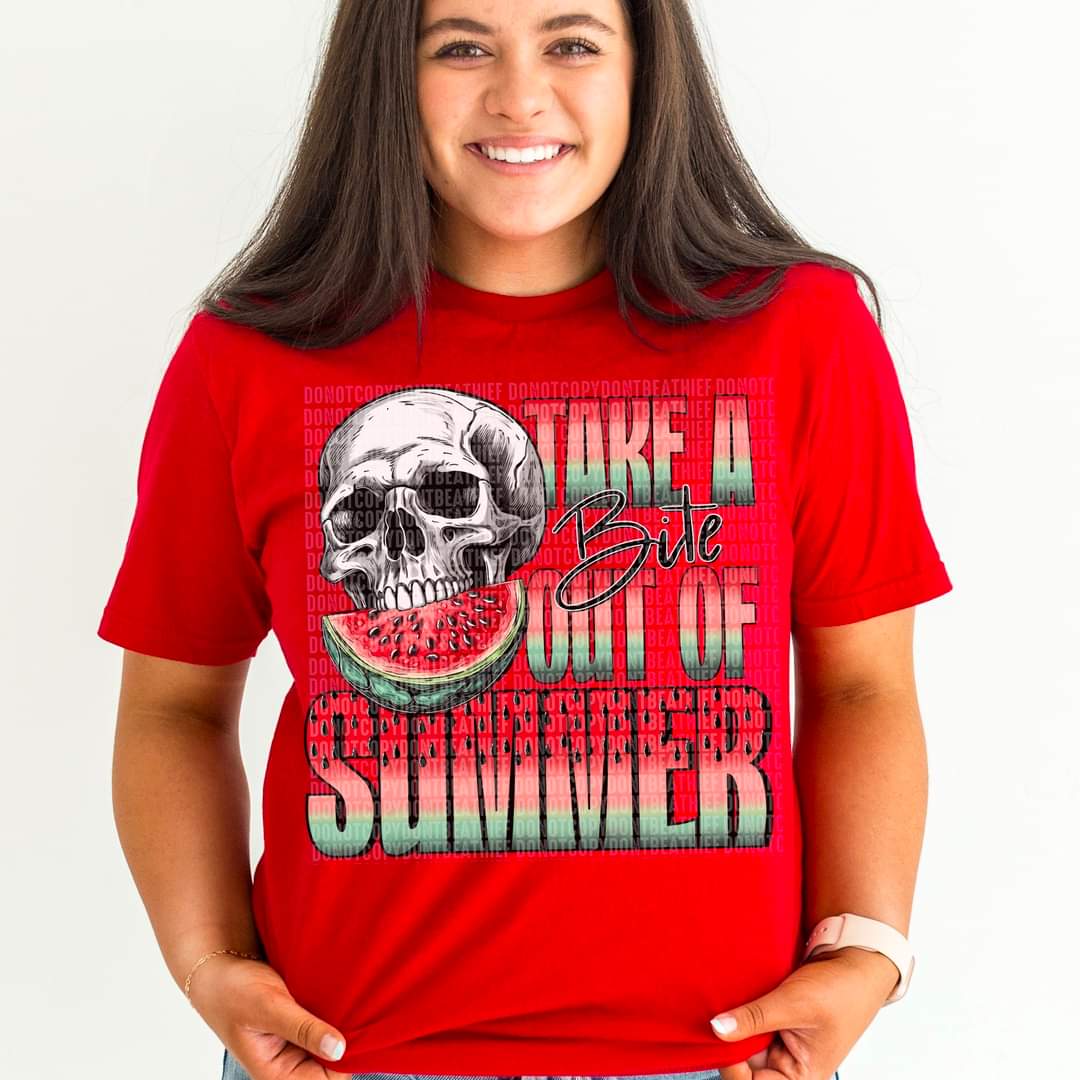 Take a bite out of summer watermelon font skellie DTF transfer