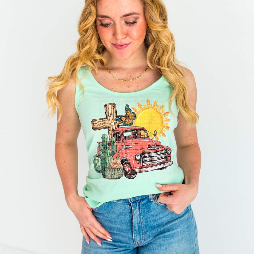 Red vintage truck wooden cross butterfly sun cactus DTF transfer