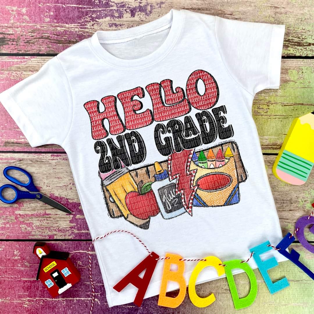 Hello 2nd grade ruler pencil glue crayons DTF transfer