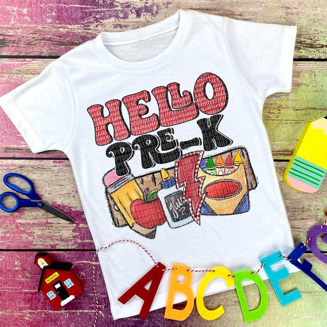 Hello Pre-K ruler pencil glue crayons DTF transfer