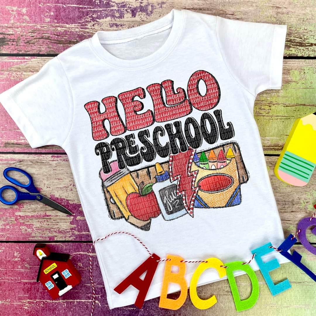 Hello preschool ruler pencil glue crayons DTF transfer