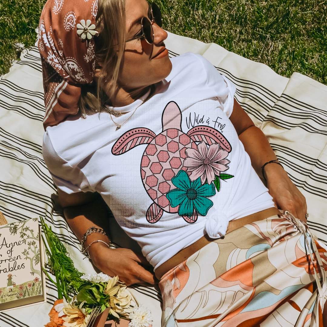 Wild and free pink turtle DTF transfer