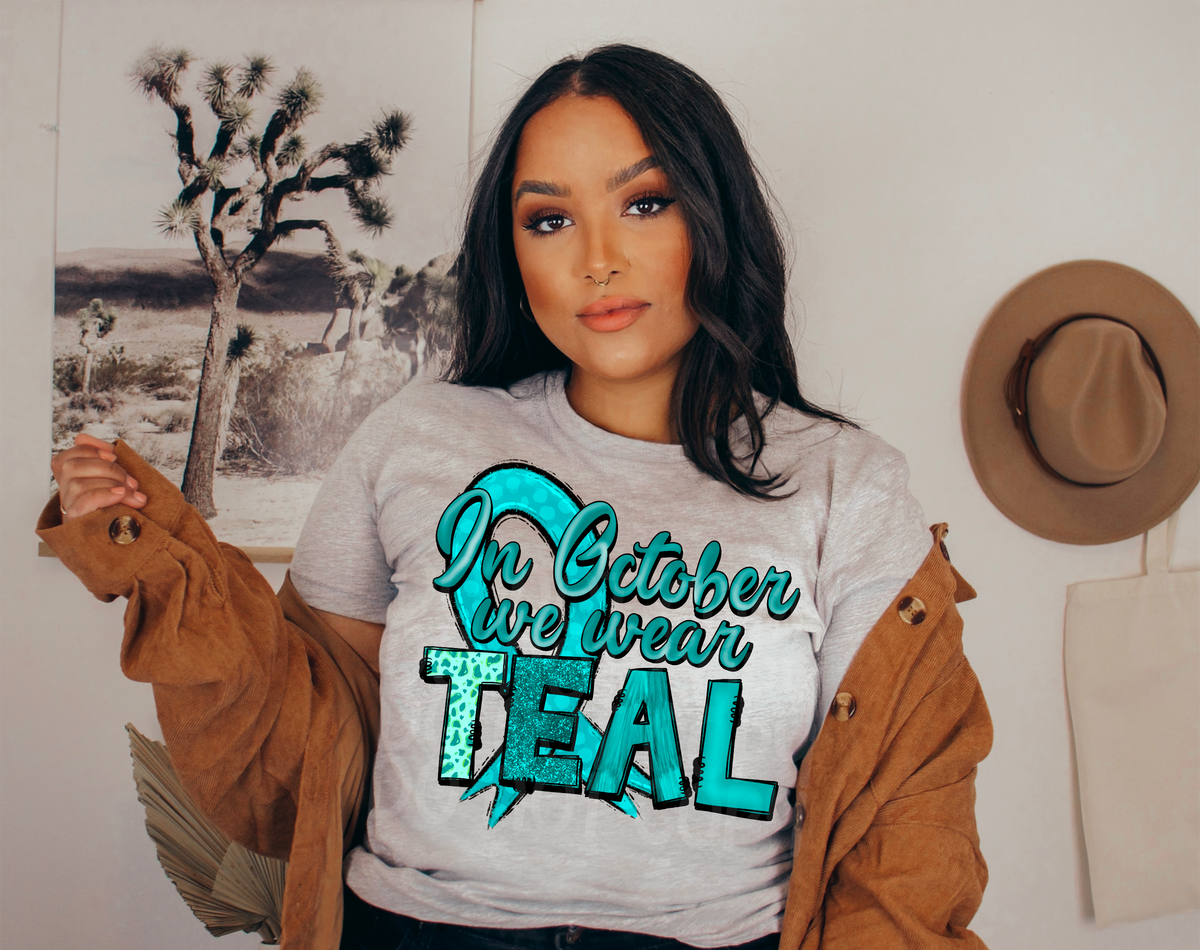 In October we wear teal with ribbon 112352 DTF TRANSFER