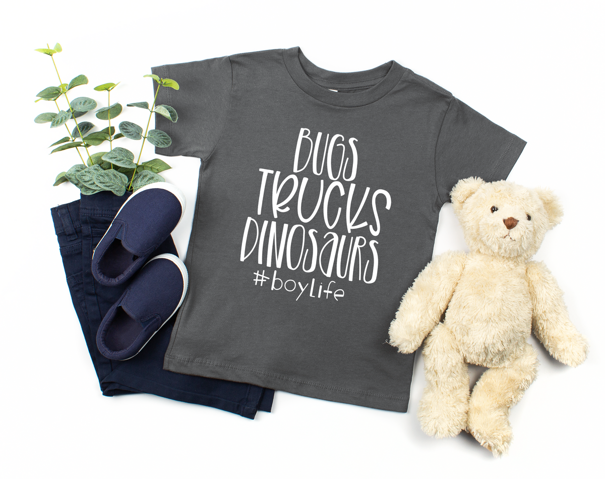 Bugs trucks dinosaurs #boylife WHITE screen print transfer