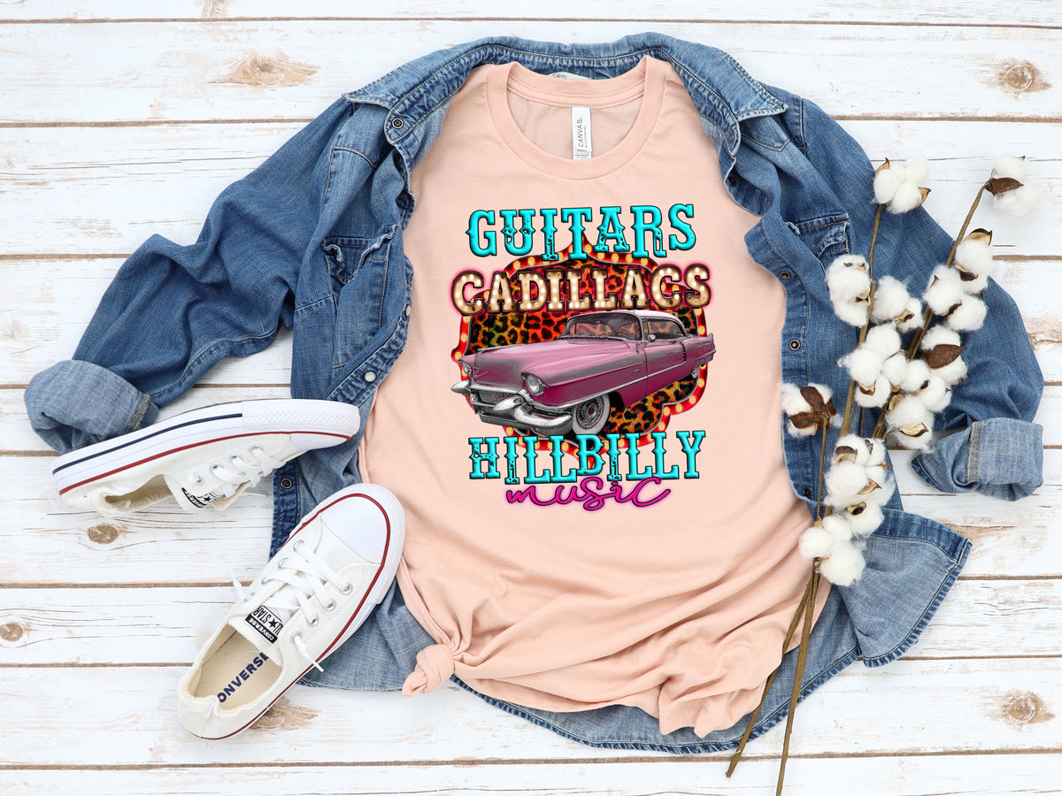 Guitars Cadillac hillbilly music HIGH HEAT screen print transfer