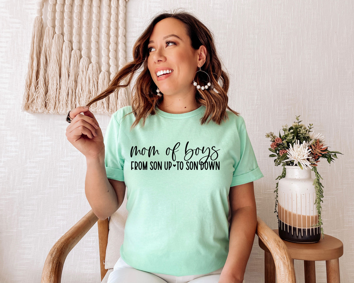 Mom of boys from son up to son down screen print transfer