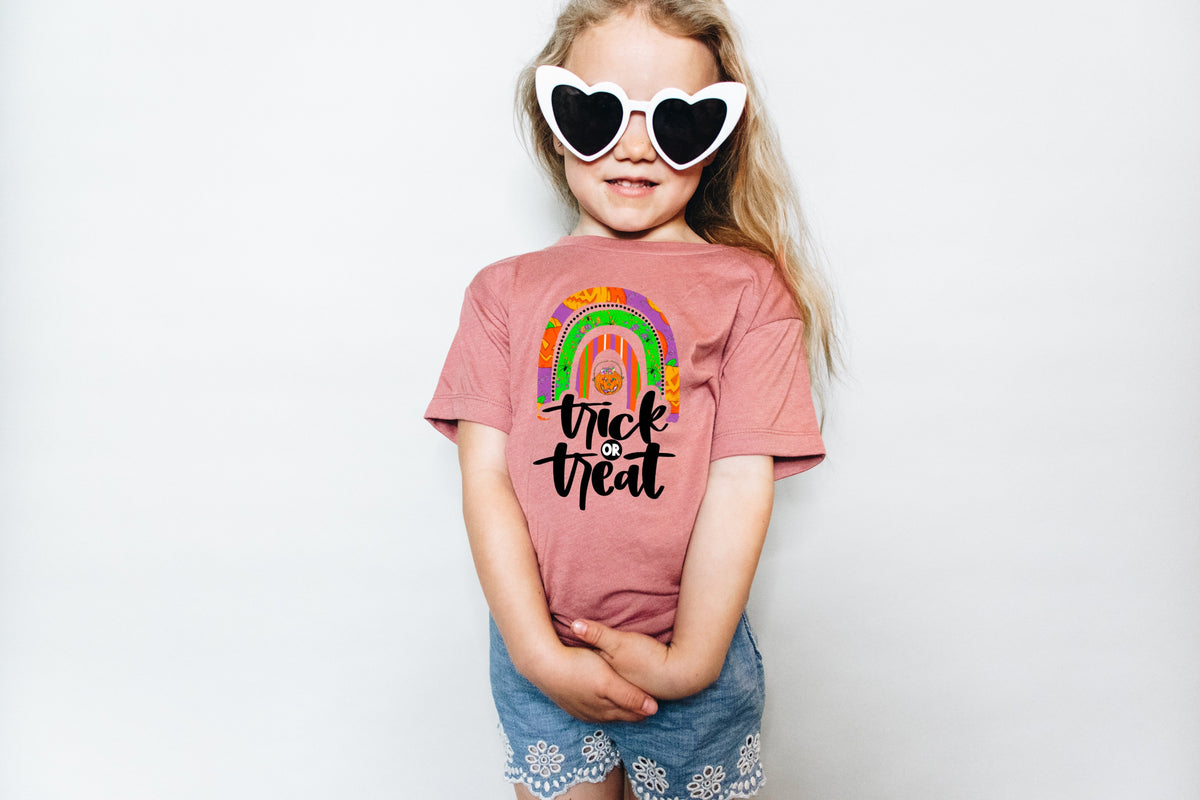 Trick or treat Rainbow HIGH HEAT YOUTH screen print transfer 10" long