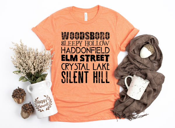 Woodsboro sleepy hallow haddonfield elm street crystal lake silent hill screen print transfer