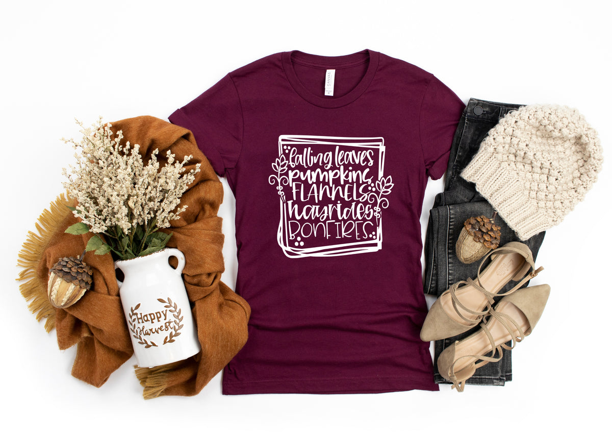 Falling leaves pumpkins flannels hayrides bonfires screen print transfer