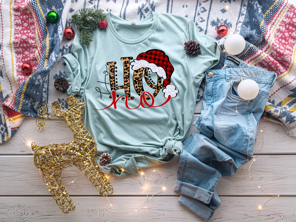 Ho ho ho leopard & buffalo plaid hat HIGH HEAT screen print transfer