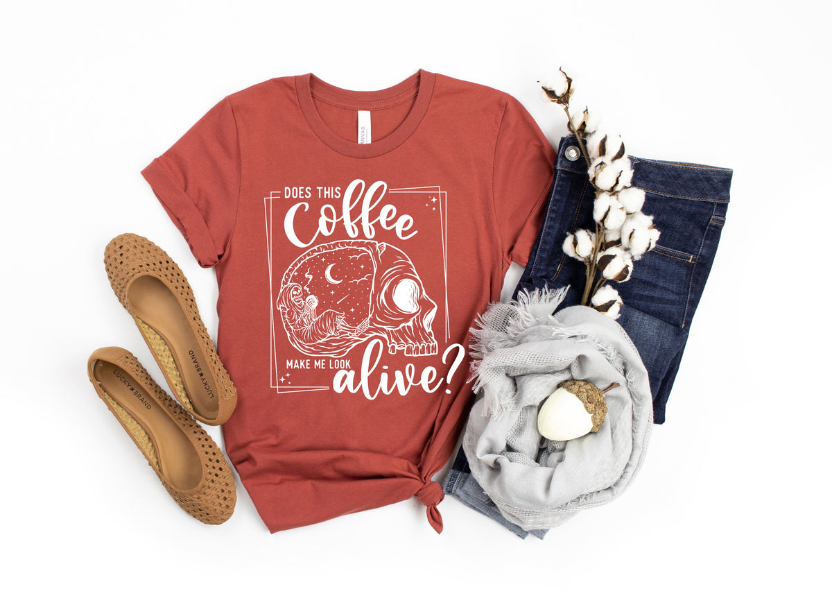 Does this coffee make me look alive WHITE screen print transfer