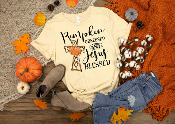 Pumpkin obsessed and Jesus blessed HIGH HEAT screen print transfer