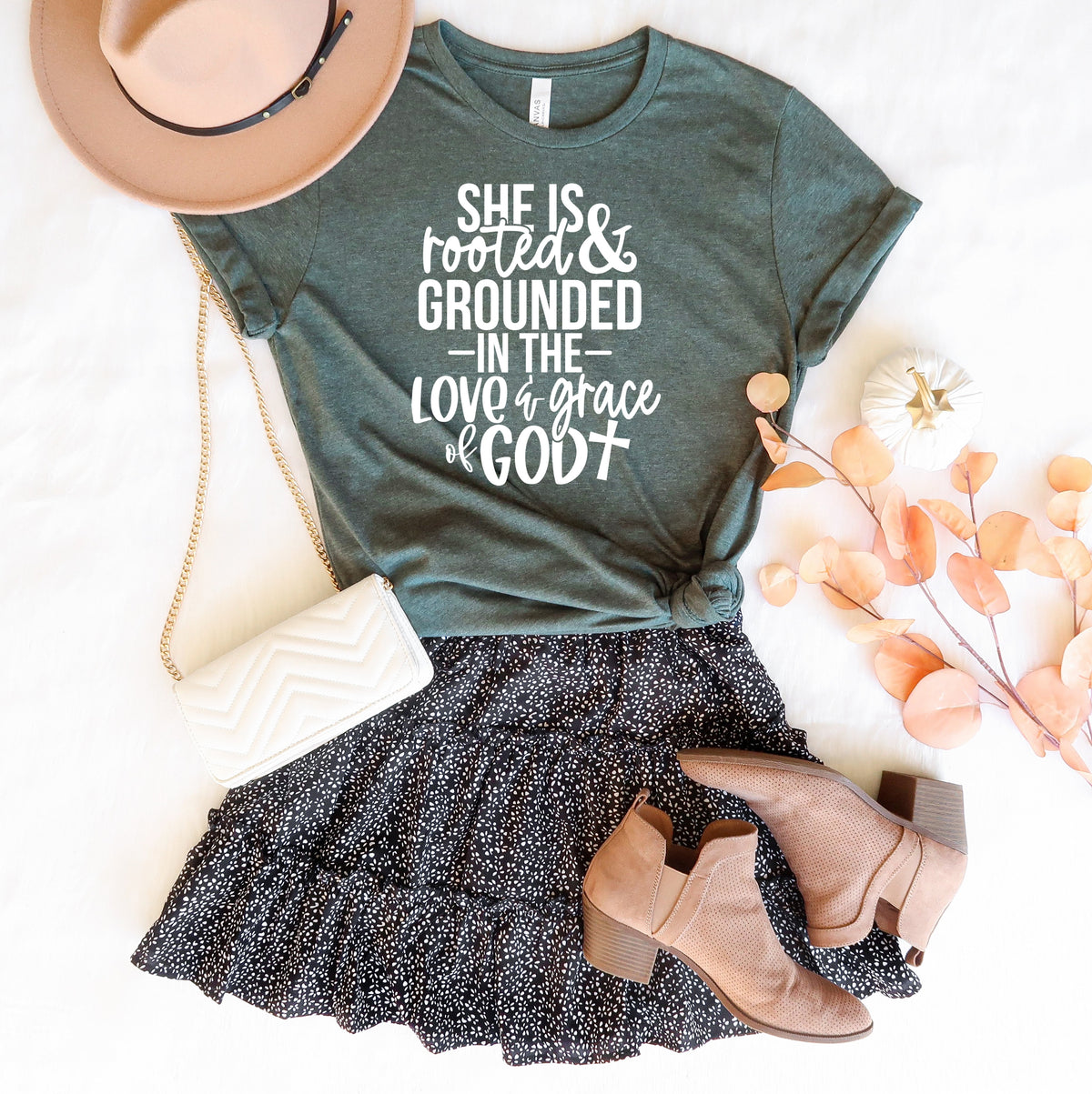 WHITE She is rooted & grounded in the love & grace of God screen print transfer